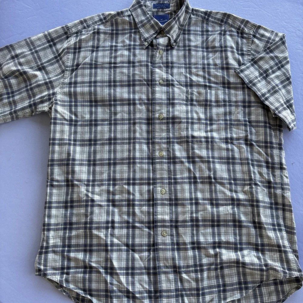 Faconnable Men's Plaid Button-Down Shirt Short Sleeve Cotton Size‎ L